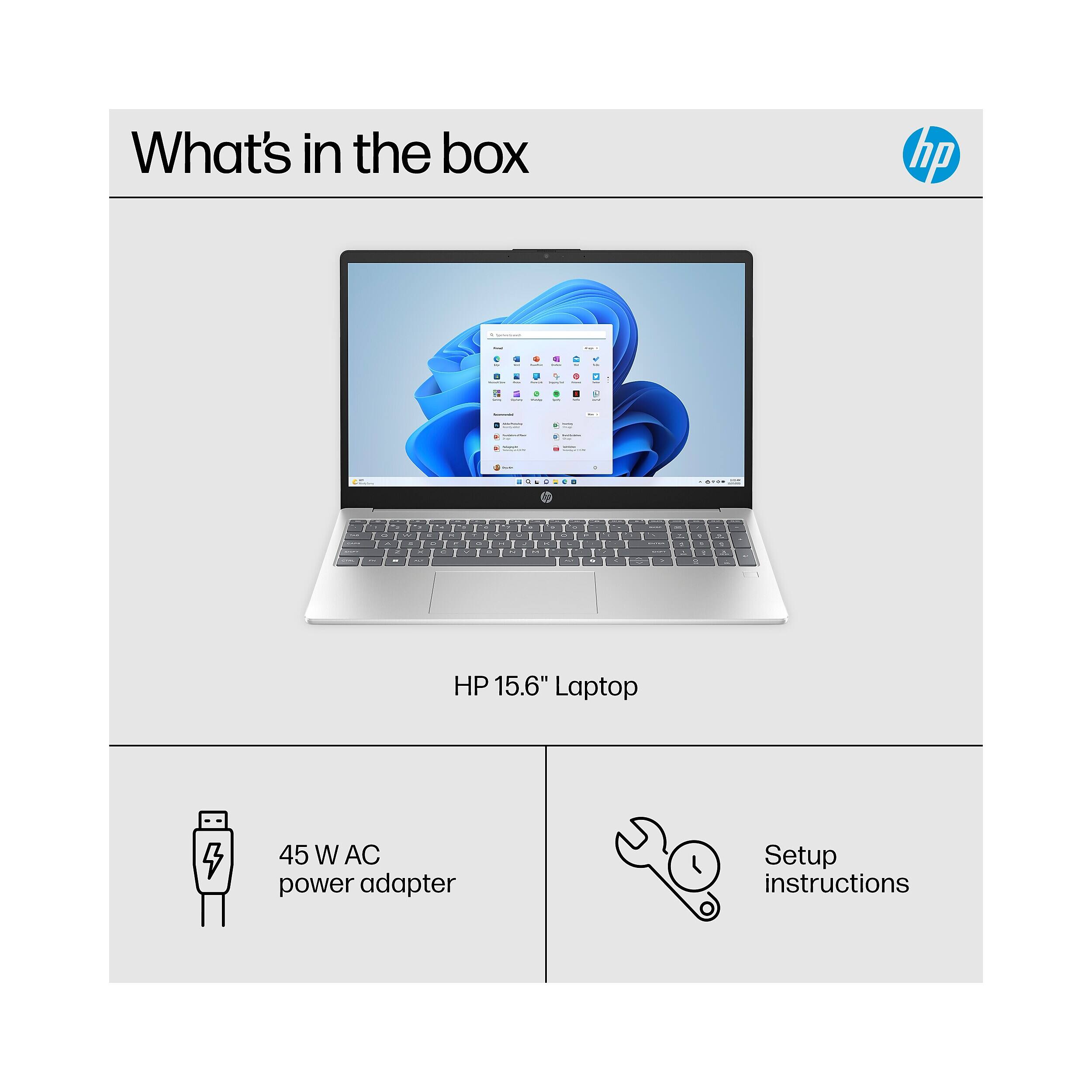 What's in the box

hp

HP 15.6" Laptop
45 W AC power adapter
Setup instructions