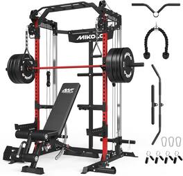 Mikolo - Power Rack Cage, Weight Rack,Multi-Function Squat Rack with J Hooks,Dip Bars and Landmine - Red