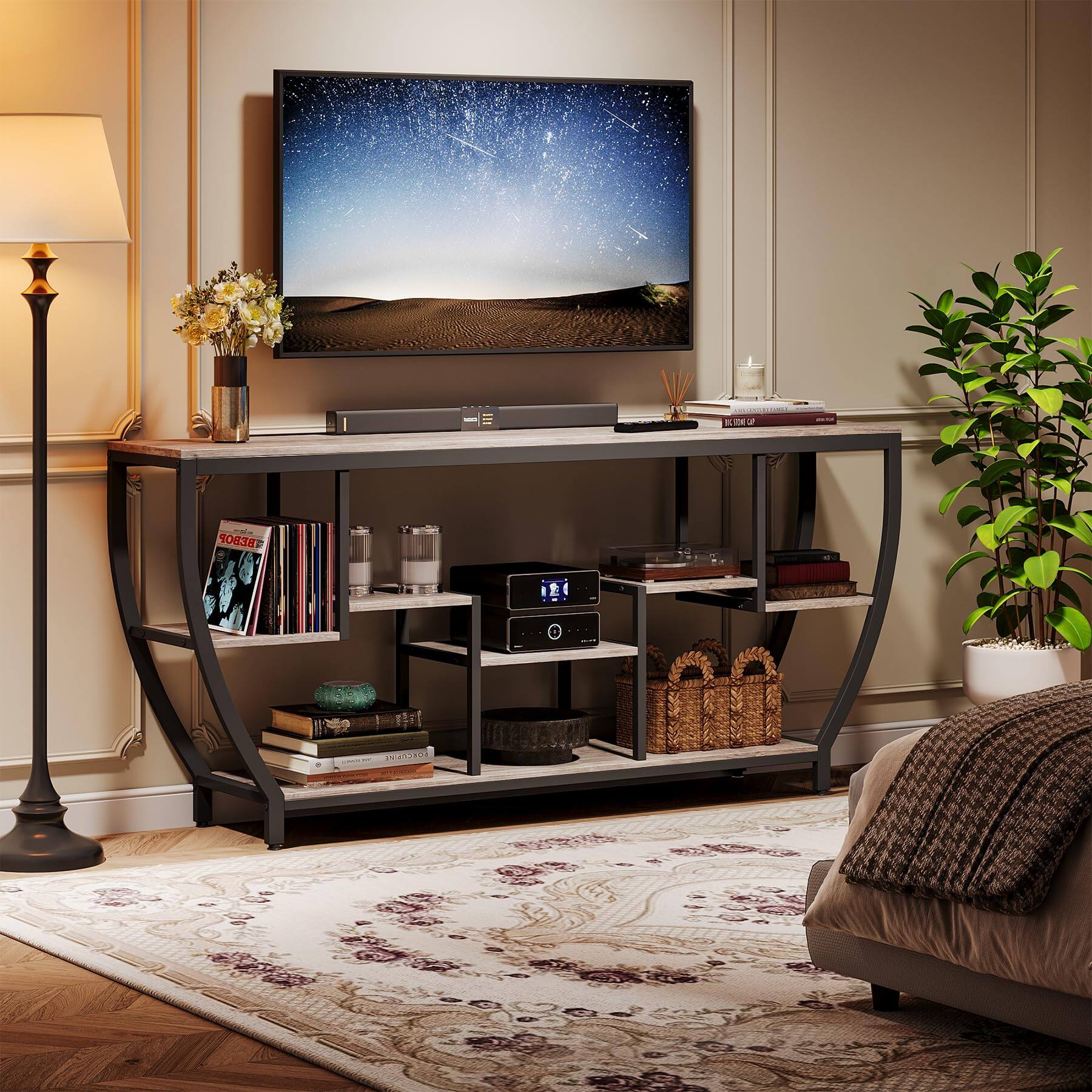 Alt View 1. Tribesigns - 70.9-Inch Industrial TV Stand with Staggered Open Shelves and Metal Frame for TVs up to 80 Inches - Grey.
