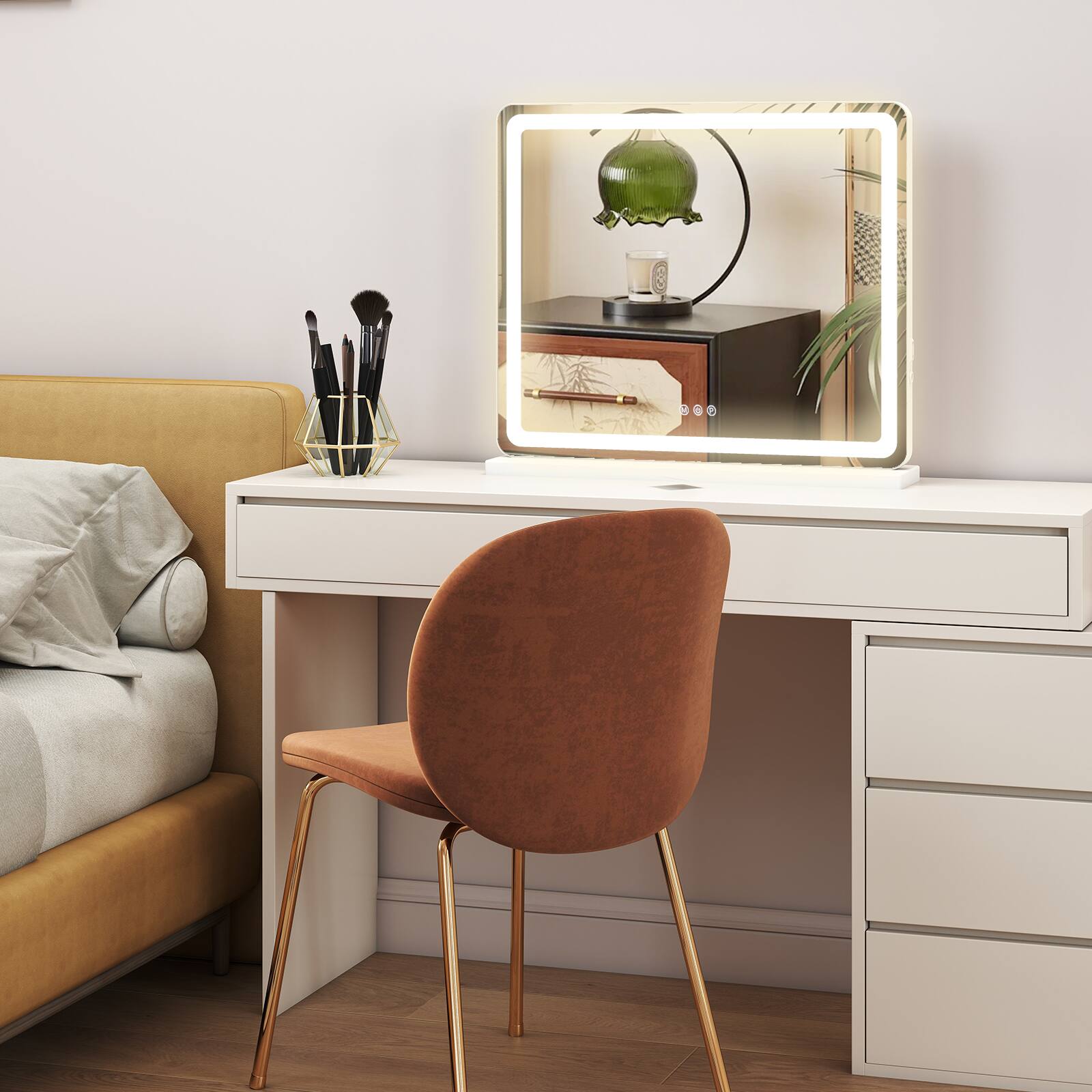 Angle. AENKYO - 19"x22" Vanity Mirror LED Makeup Mirror with Dimmable 3 Color Modes, Touch Screen Control - White.