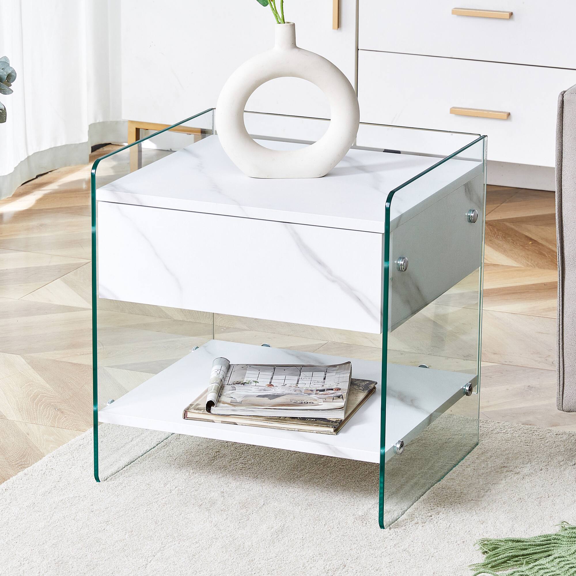 Angle. Spaco - Spaco Modern Bedside Table with Drawers, Grain Surface, Transparent Tempered Glass Sides, Elegant Storage for Bedroom - Transparent.