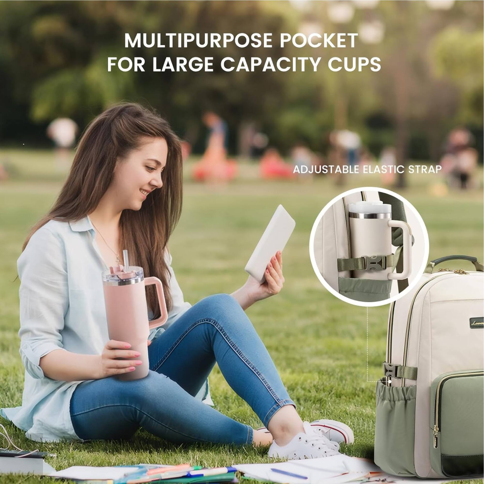 MULTIPURPOSE POCKET FOR LARGE CAPACITY CUPS  
ADJUSTABLE ELASTIC STRAP
