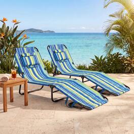 Gymax - 2PCS Folding Beach Sun Lounger w/Face Hole Removable Pillows 4-Position Backrest Blue Stripe - Green