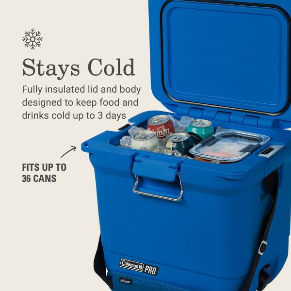 Stays Cold  
Fully insulated lid and body designed to keep food and drinks cold up to 3 days  
FITS UP TO 36 CANS  
Coleman PRO