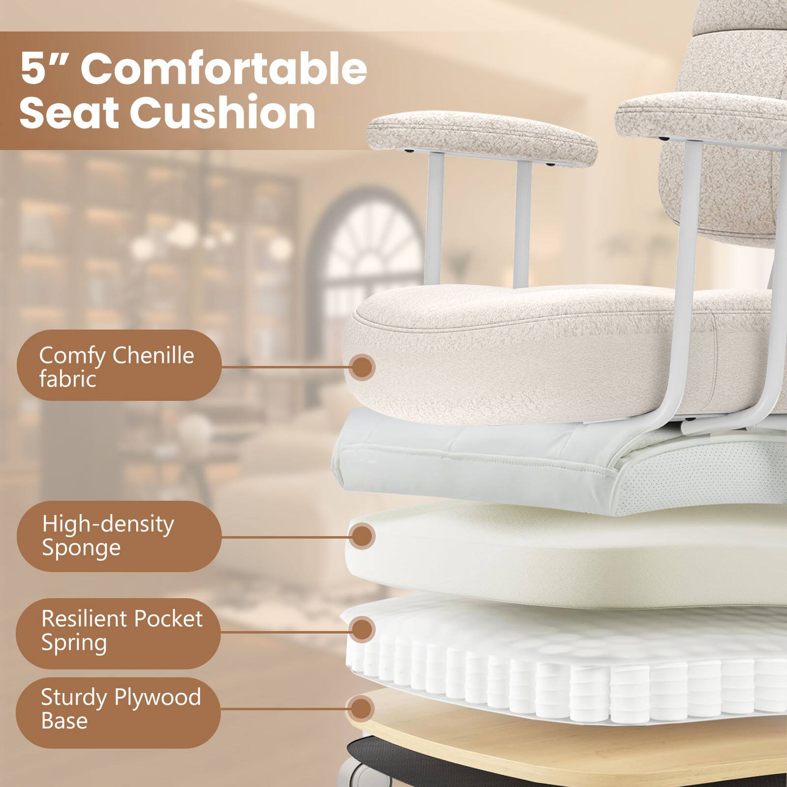 5" Comfortable Seat Cushion

- Comfy Chenille fabric
- High-density Sponge
- Resilient Pocket Spring
- Sturdy Plywood Base