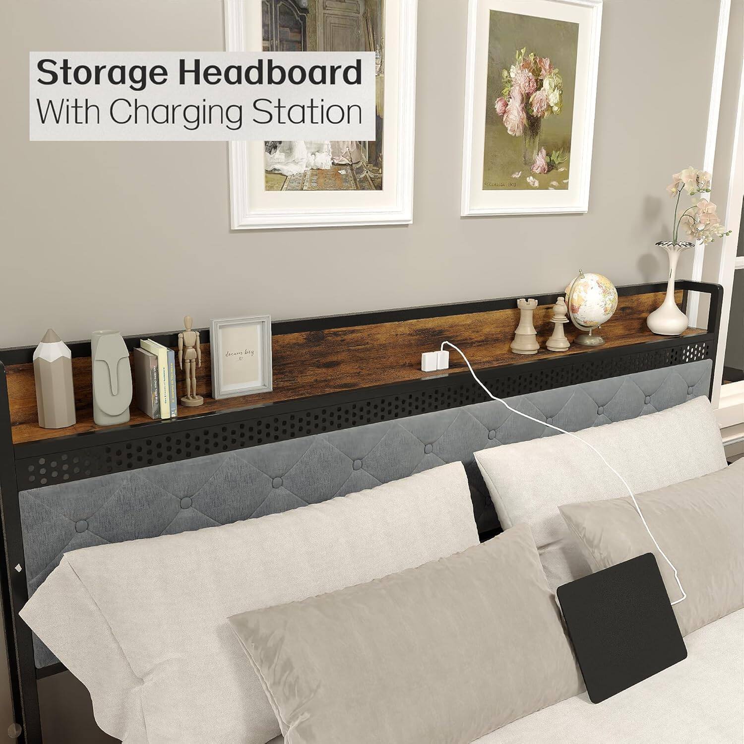 Storage Headboard With Charging Station