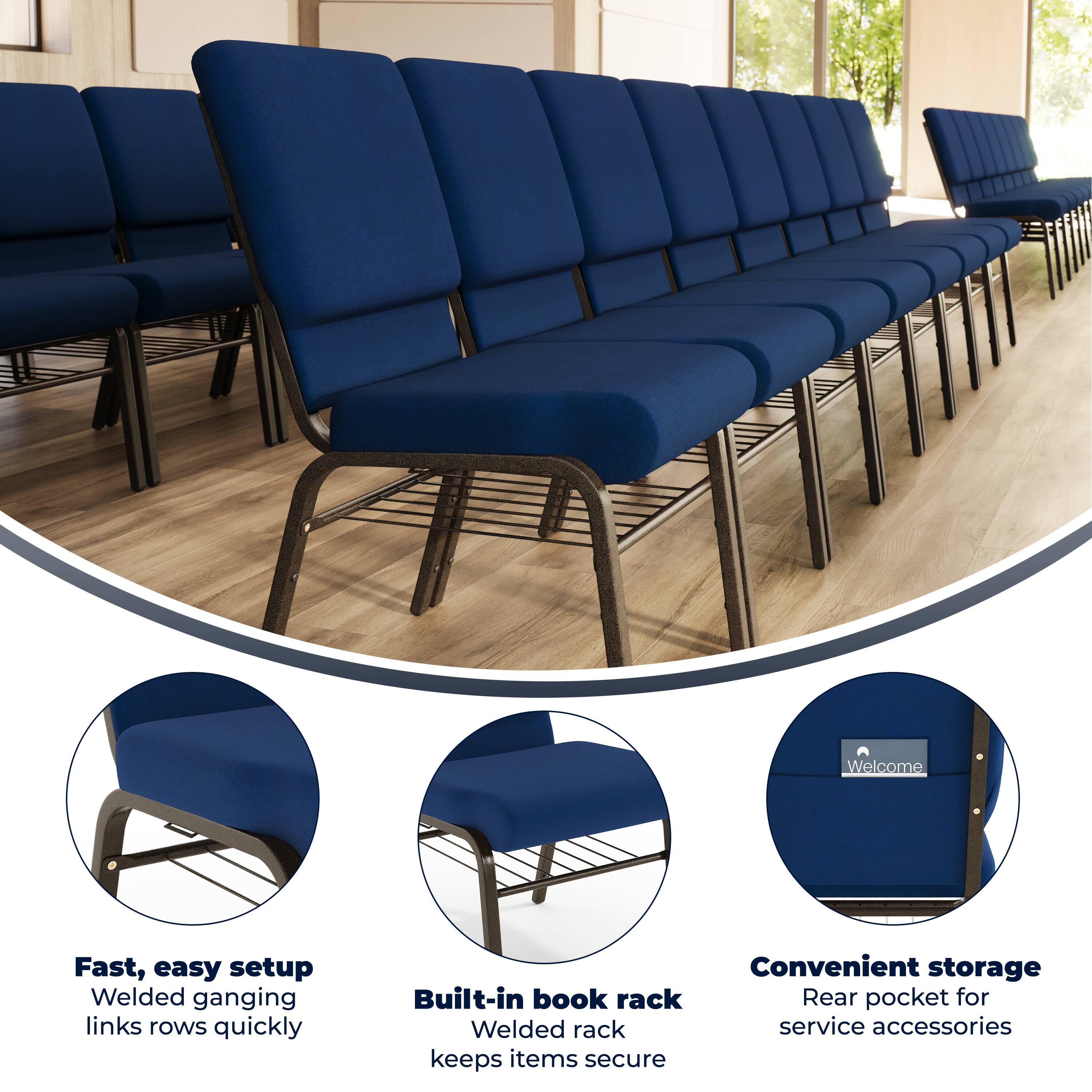 Fast, easy setup  
Welded ganging links rows quickly  

Built-in book rack  
Welded rack keeps items secure  

Convenient storage  
Rear pocket for service accessories