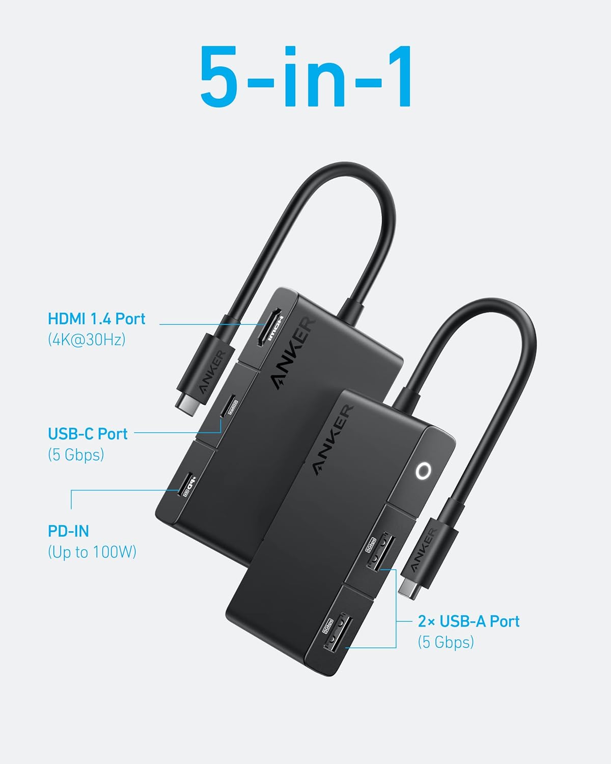 5-in-1

- HDMI 1.4 Port (4K@30Hz)
- USB-C Port (5 Gbps)
- PD-IN (Up to 100W)
- 2x USB-A Port (5 Gbps)