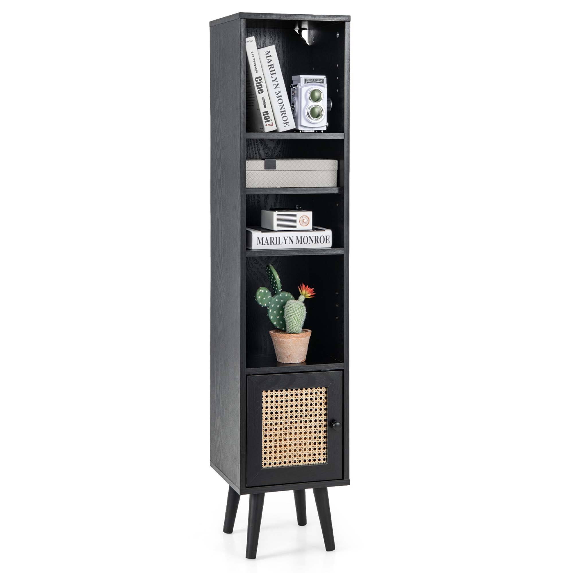 Costway - Rattan Storage Cabinet Freestanding Slim Organizer Wood Display Rack Living Room - Black