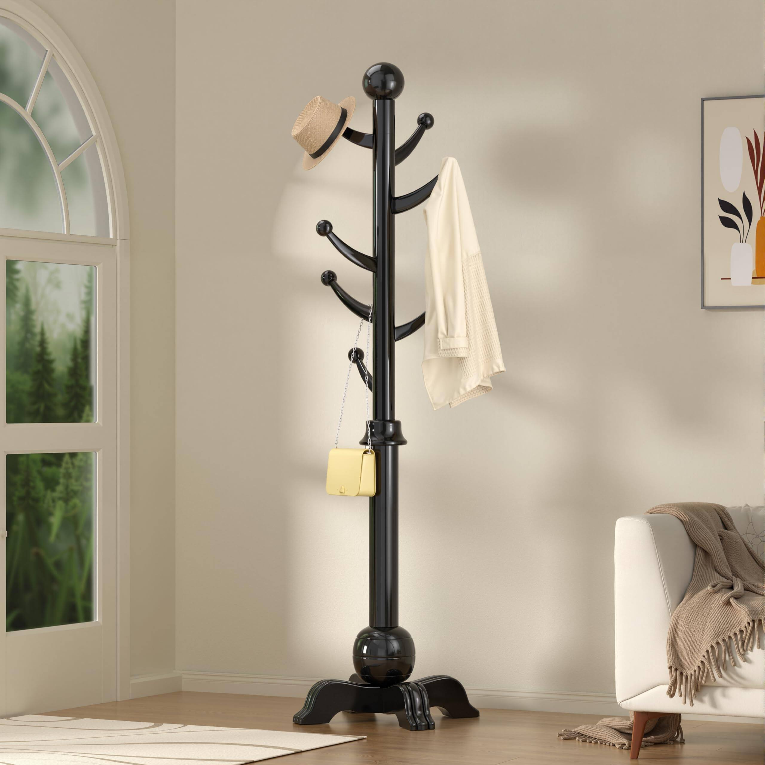 Hirose Alice - Hall Tree Freestanding Wood Tree Rack with Coat Rack with Stable Sphere Base Wooden Coat Rack Stand Load lb - Black
