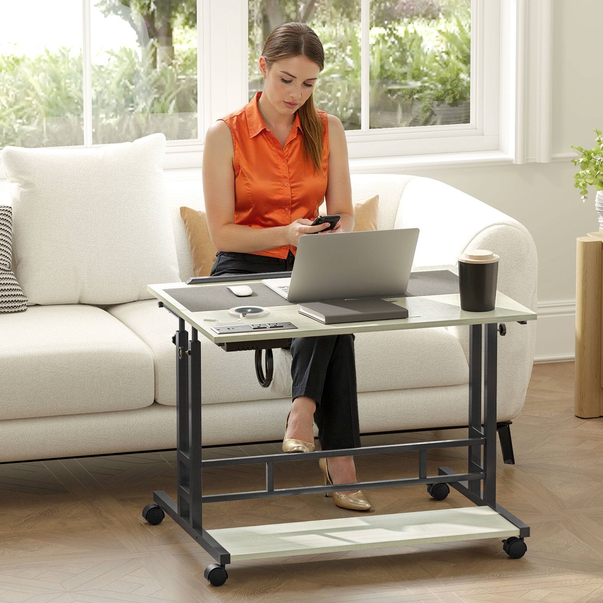 Alt View 1. Homcom - Standing Desk with Power Outlets, Stand Up Desk with Tiltable Tabletop, Wheels, Shelf - Oak.
