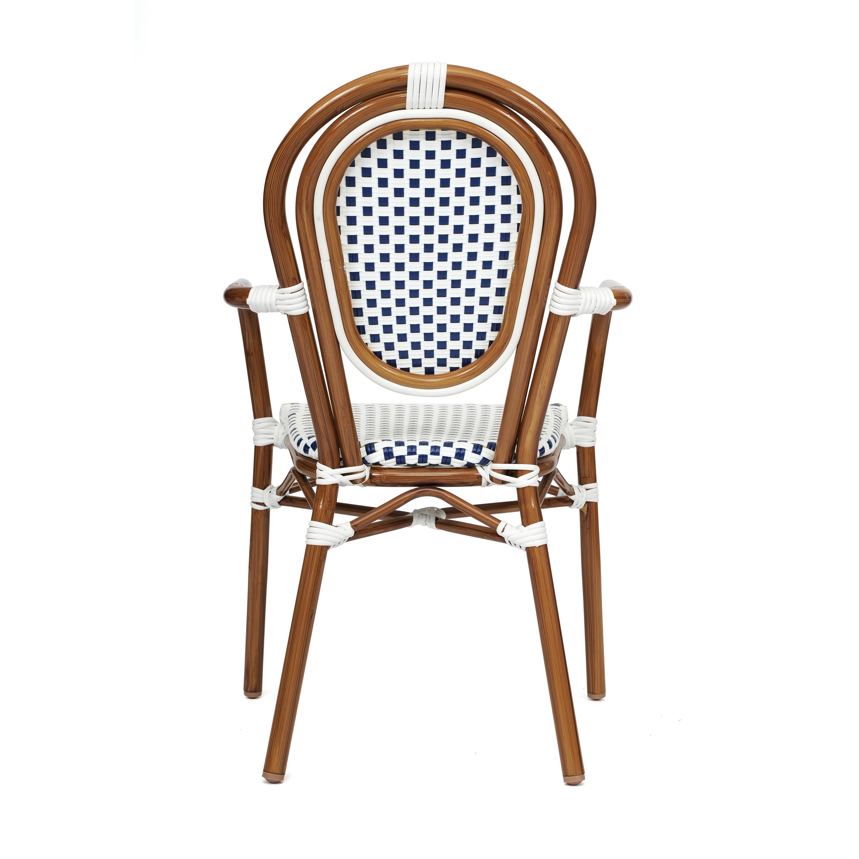 Alt View 7. Emma + Oliver - Colmar Set of Two Indoor/Outdoor Stacking Thonet Bistro Style Chairs with Arms, PE Rattan Seat and Metal Frame - White & Navy/Natural Frame.