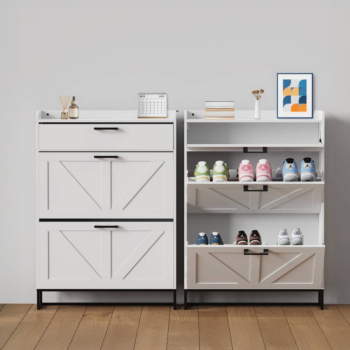 Back. U-HOMY - Shoe Storage Cabinet with 2 Flip Drawers, Freestanding Entryway Organizer with Adjustable Shelves and Side Hooks - White.