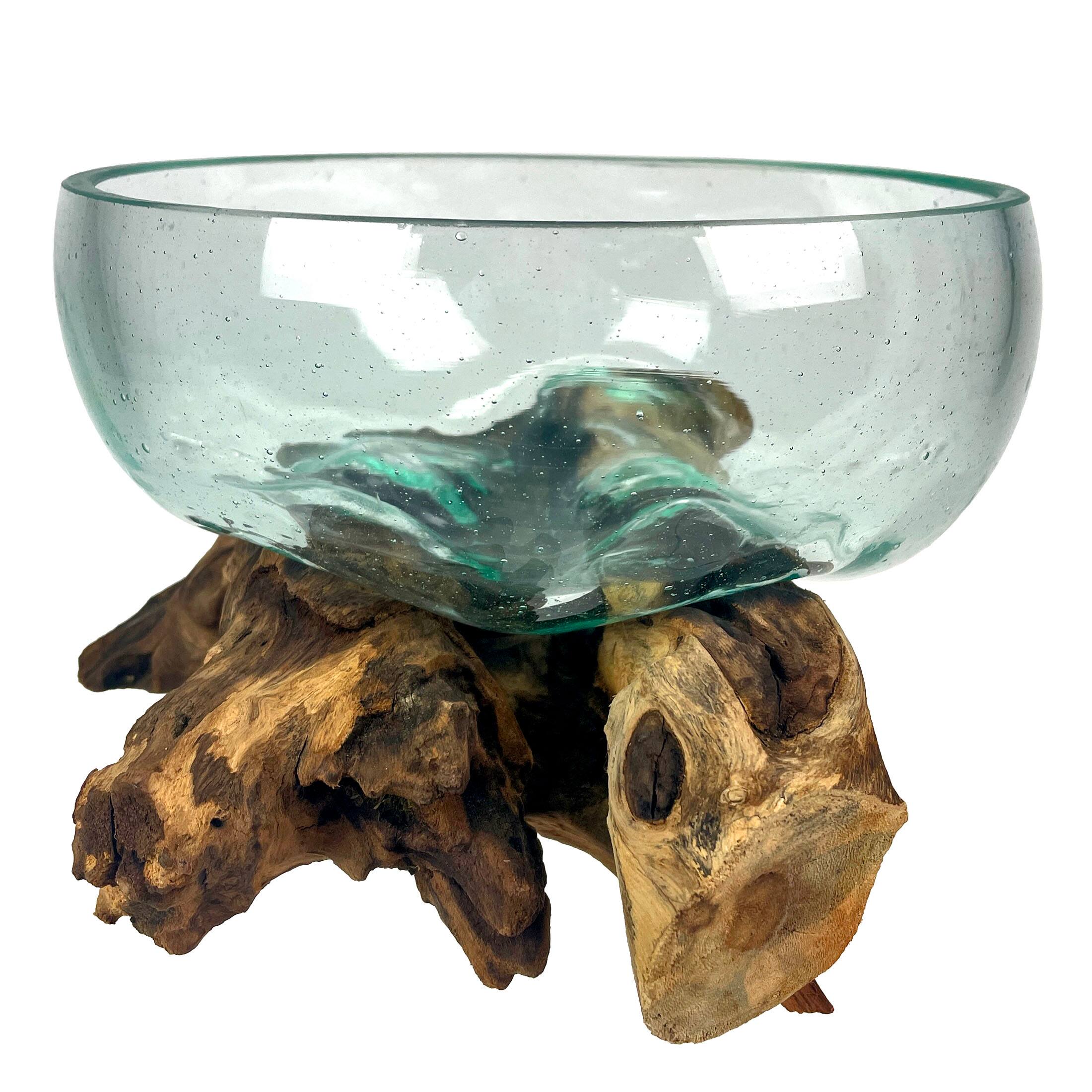 Alt View 1. Things2Die4 - Molten Glass Bowl on Driftwood 10" Hand Blown Decorative Centerpiece Planter - Natural.