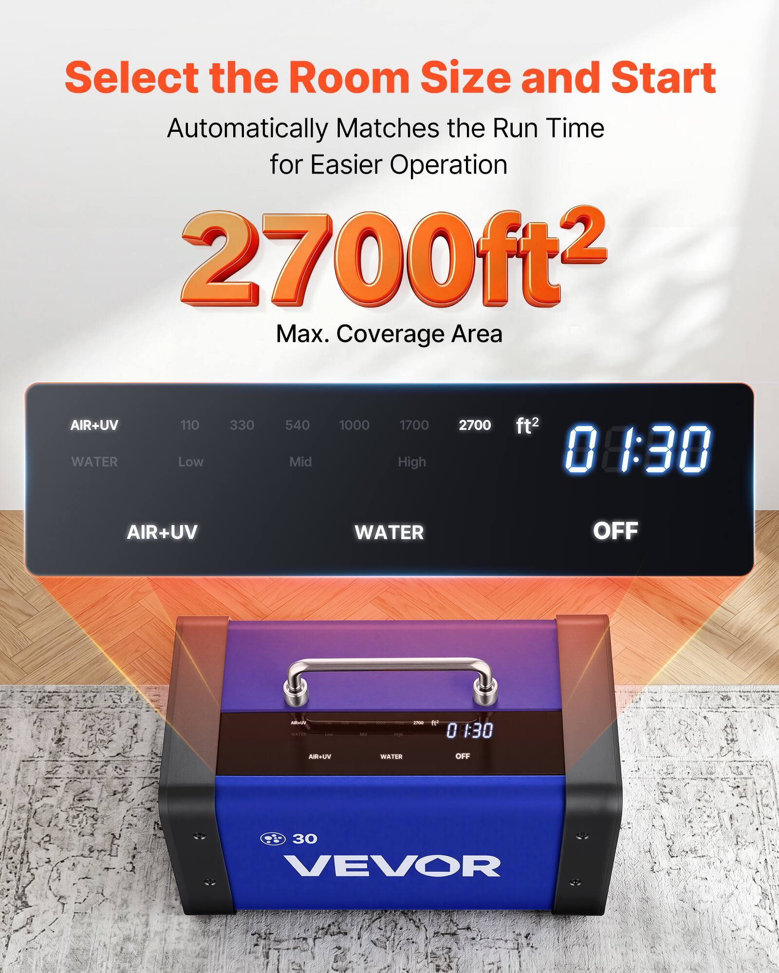 Select the Room Size and Start  
Automatically Matches the Run Time for Easier Operation  

2700ft² Max. Coverage Area  

AIR+UV  
110 330 540 1000 1700 2700 ft²  

WATER  
Low Mid High  

AIR+UV  
WATER OFF  

01:30  

VEVOR