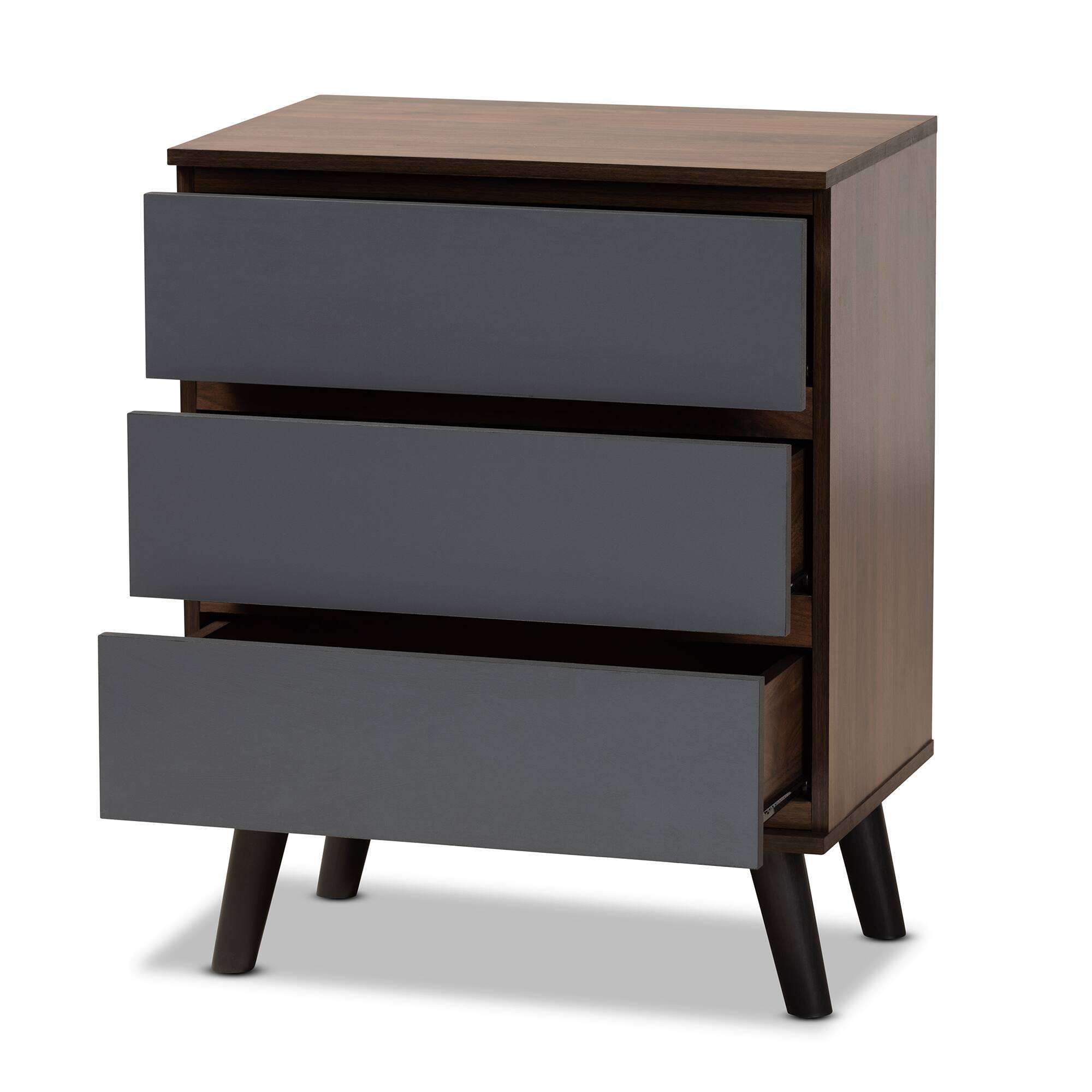 Angle. Baxton Studio - Roldan Modern and Contemporary Finished Wood 3-Drawer Bedroom Chest - Grey/Walnut Brown/Black.