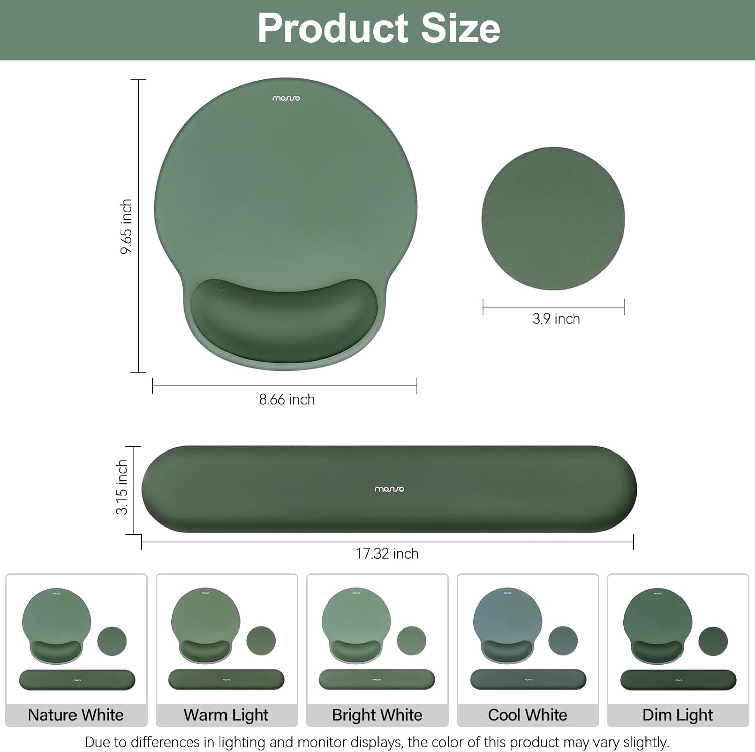 Product Size  
- Height: 9.65 inch  
- Diameter: 3.9 inch  
- Length: 8.66 inch  
- Width: 3.15 inch  
- Total Length: 17.32 inch  

Nature White  
Warm Light  
Bright White  
Cool White  
Dim Light  

Due to differences in lighting and monitor displays, the color of this product may vary slightly.