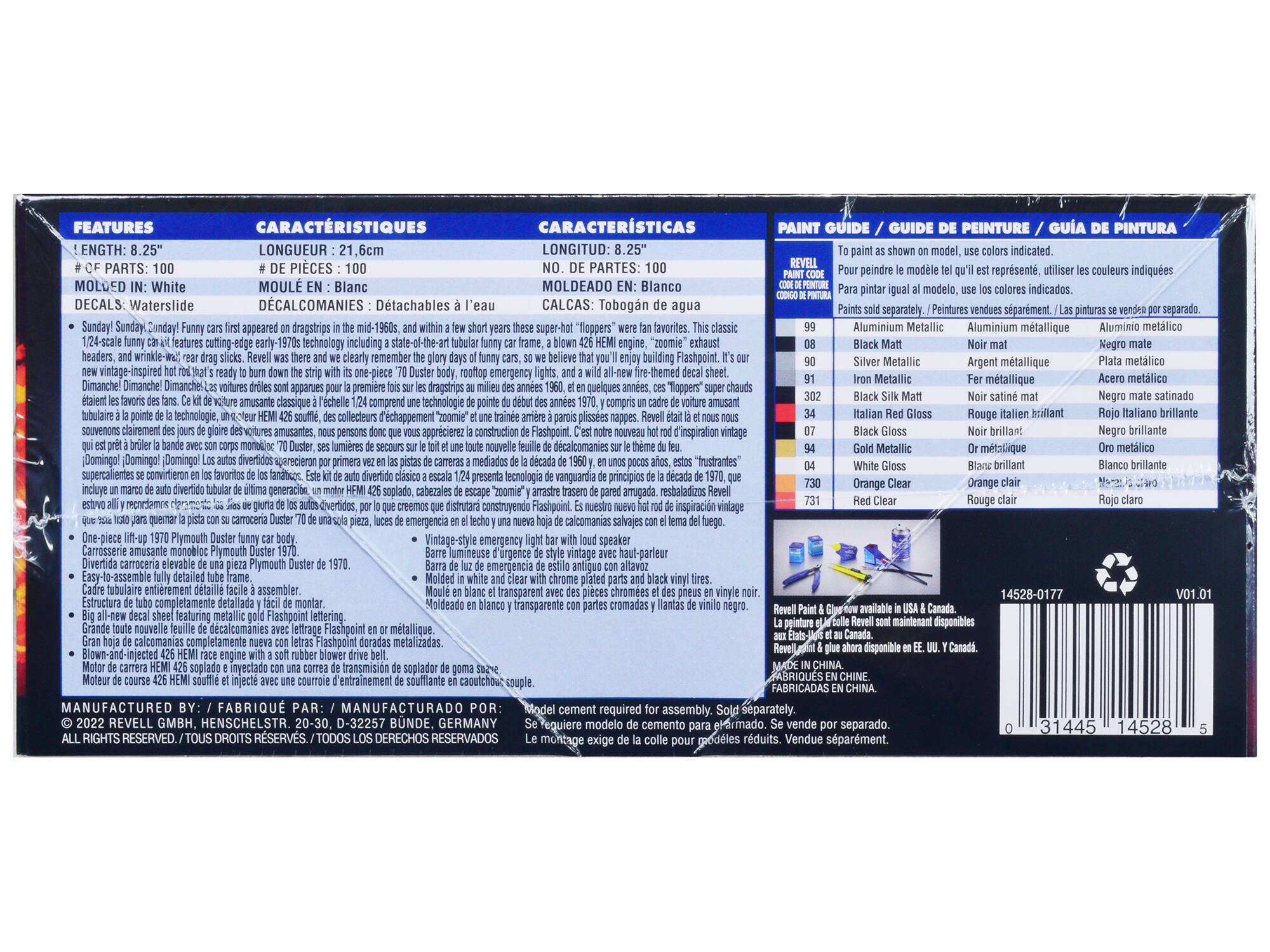 **FEATURES / CARACTERÍSTICAS / CARACTERÍSTICAS**

- **LENGTH:** 8.25" / **LONGUEUR:** 21.6 cm / **LONGITUD:** 8.25"
- **# OF PARTS:** 100 / **# DE PIECES:** 100 / **NO. DE PARTES:** 100
- **MOLDED IN:** White / **MOULEN EN:** Blanc / **MOLDEADO EN:** Blanco
- **DECALS:** Waterslide / **DÉCALCOMANIES:** Détachables à l'eau / **CALCAS:** Tobogán de agua

**Sunday! Sunday! Sunday! Funny cars first appeared on dragstrips in the mid-1960s, and within a few short years these super-hot "floppers" were fan favorites. This classic 1/24-scale model features cutting-edge early-1970s technology including a state-of-the-art 426 HEMI 426 engine, zoomie exhaust headers, and a wrap-around, tear-drop sticks. Revel was there and we clearly remember the glory days of funny cars,