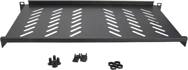 Front. Cables Direct Online - 1U 19" Vented Cantilever Server Rack Shelf - 10" (250mm) Deep Steel Tray, 11 lb Max Capacity - Black.