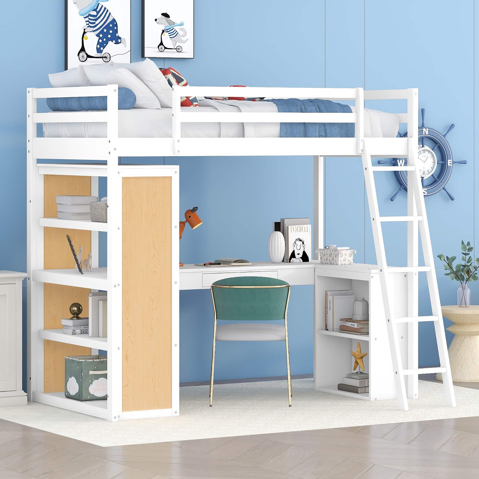 Aukfa - Full Size Loft Bed with Ladder, Shelves, and Desk - White