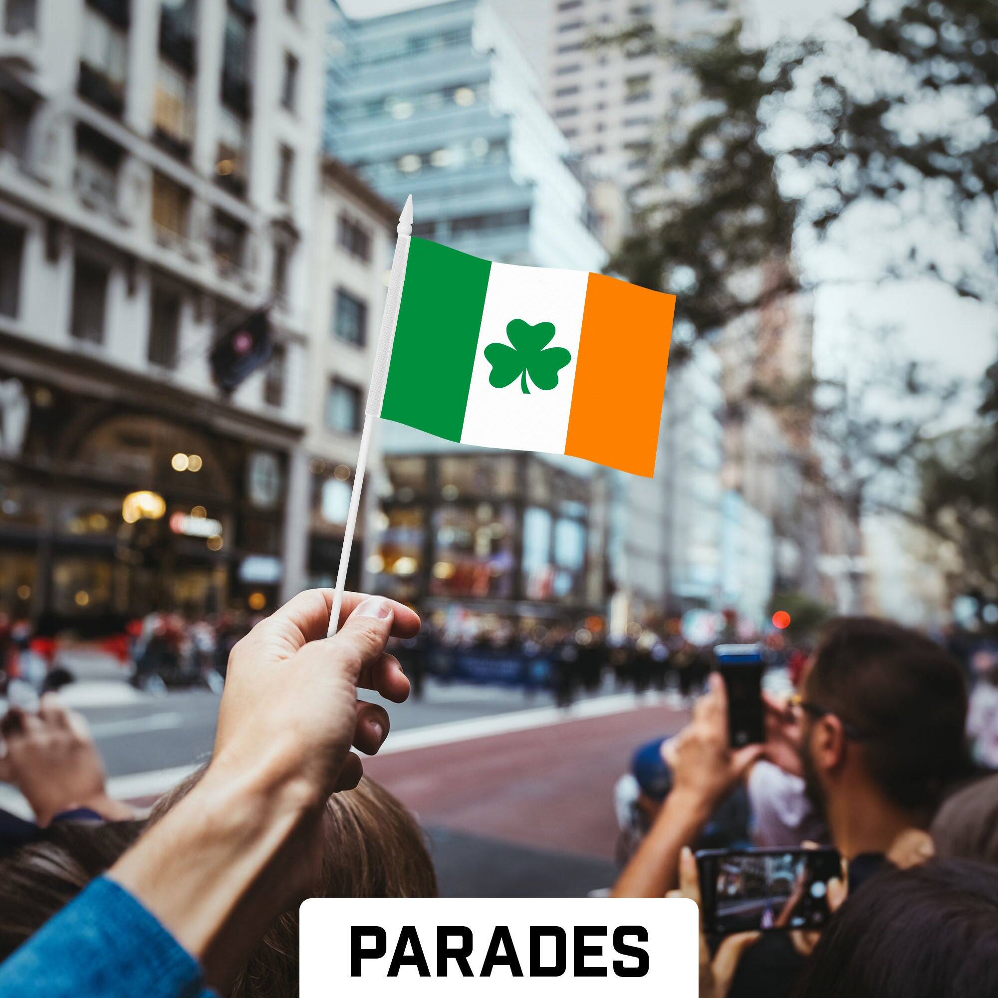 Back. G128 - 30-Pack Handheld Ireland Shamrock Stick Flags 4" x 6" - Assorted Colors.