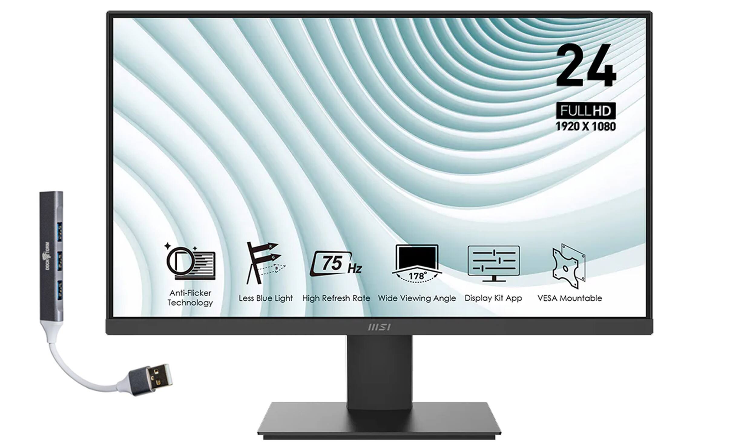 MSI - 24'' FHD VA Monitor, Anti Glare, Anti Flicker Free, VESA Mount, Low Blue Light, HDMI & DKZ Hub, 1 Pack - Black