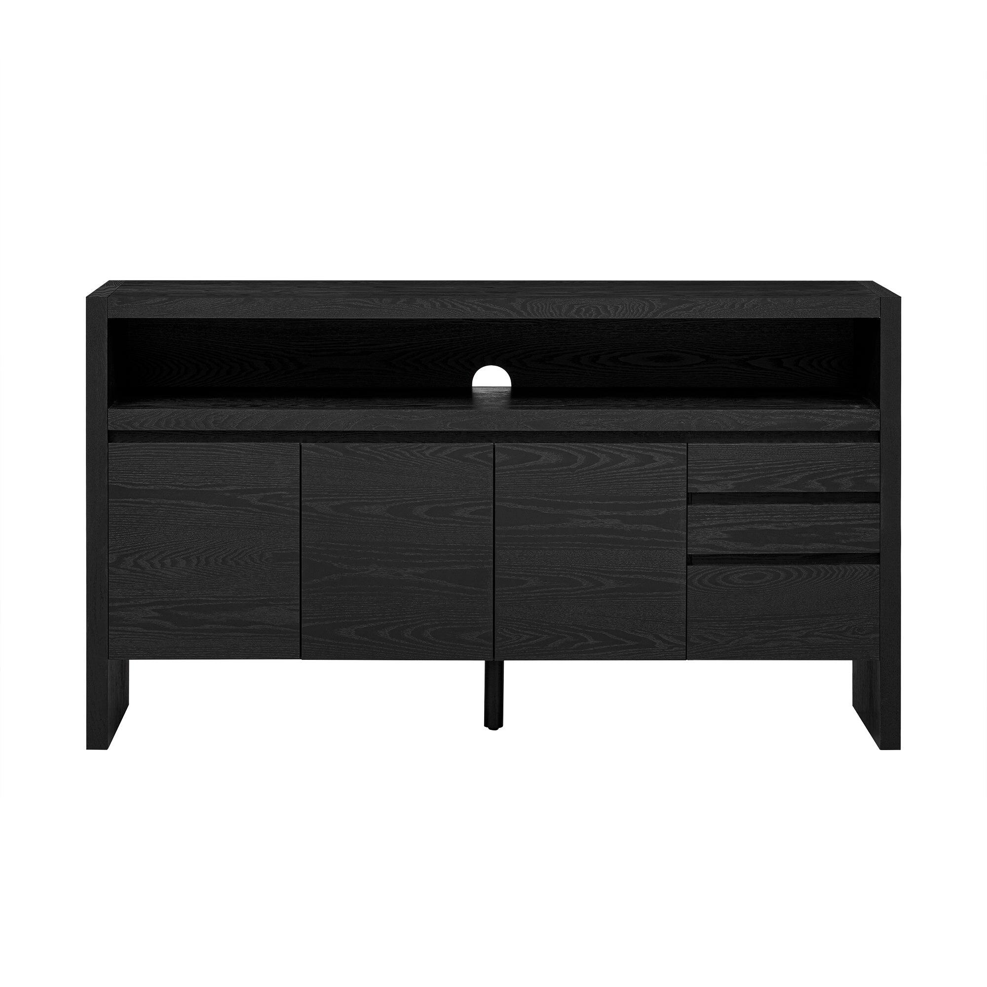 Front. Boyel Living - 60-Inch Modern 3-Door Sideboard with Drawers and Shelf - Versatile Ash Wood Storage Cabinet in Black - Black.