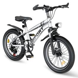 TinyHomie - 20 Inch Kids Mountain Bike for Boys Girls Ages 7-12 7-Speed Gears Dual Disc Brakes Shock Absorber Front Fork LED Light - Silver