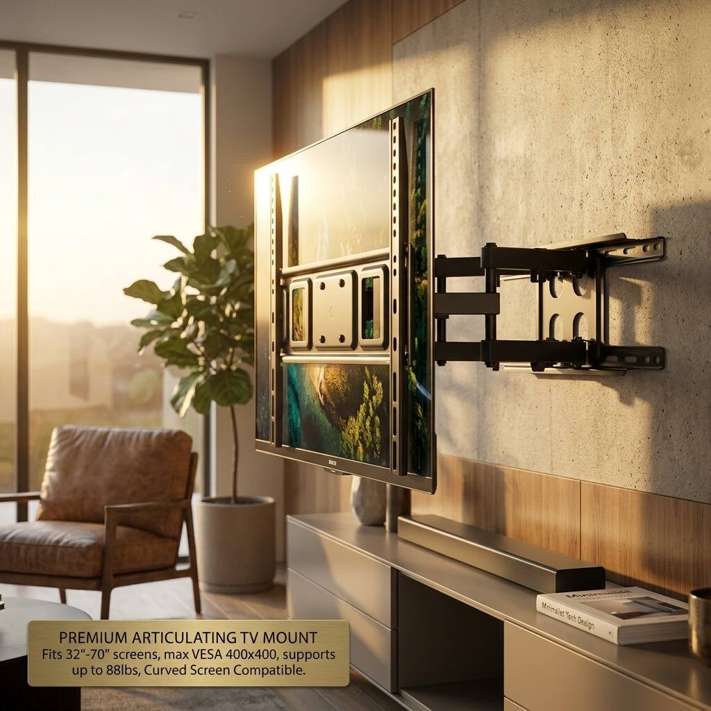 PREMIUM ARTICULATING TV MOUNT  
Fits 32"-70" screens, max VESA 400x400, supports up to 88lbs, Curved Screen Compatible.