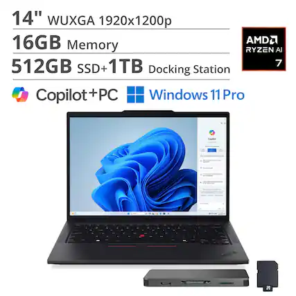14" WUXGA 1920x1200p
16GB Memory
512GB SSD + 1TB
AMD Ryzen AI 7
Docking Station
Copilot + PC
Windows 11 Pro