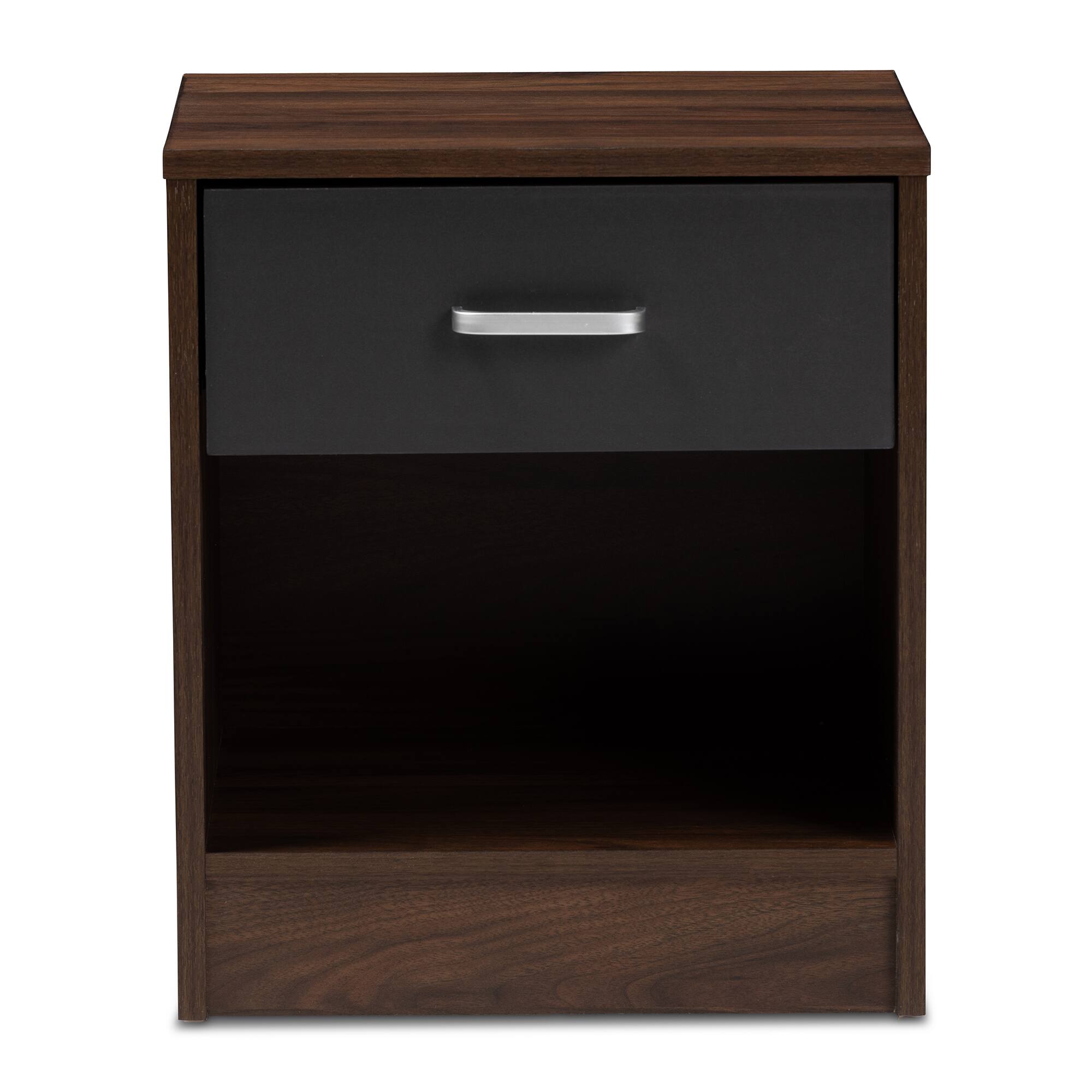Left. Baxton Studio - Hansel Modern and Contemporary 1-Drawer Dark Brown and Dark Finished Nightstand - Walnut Brown/Dark Grey.
