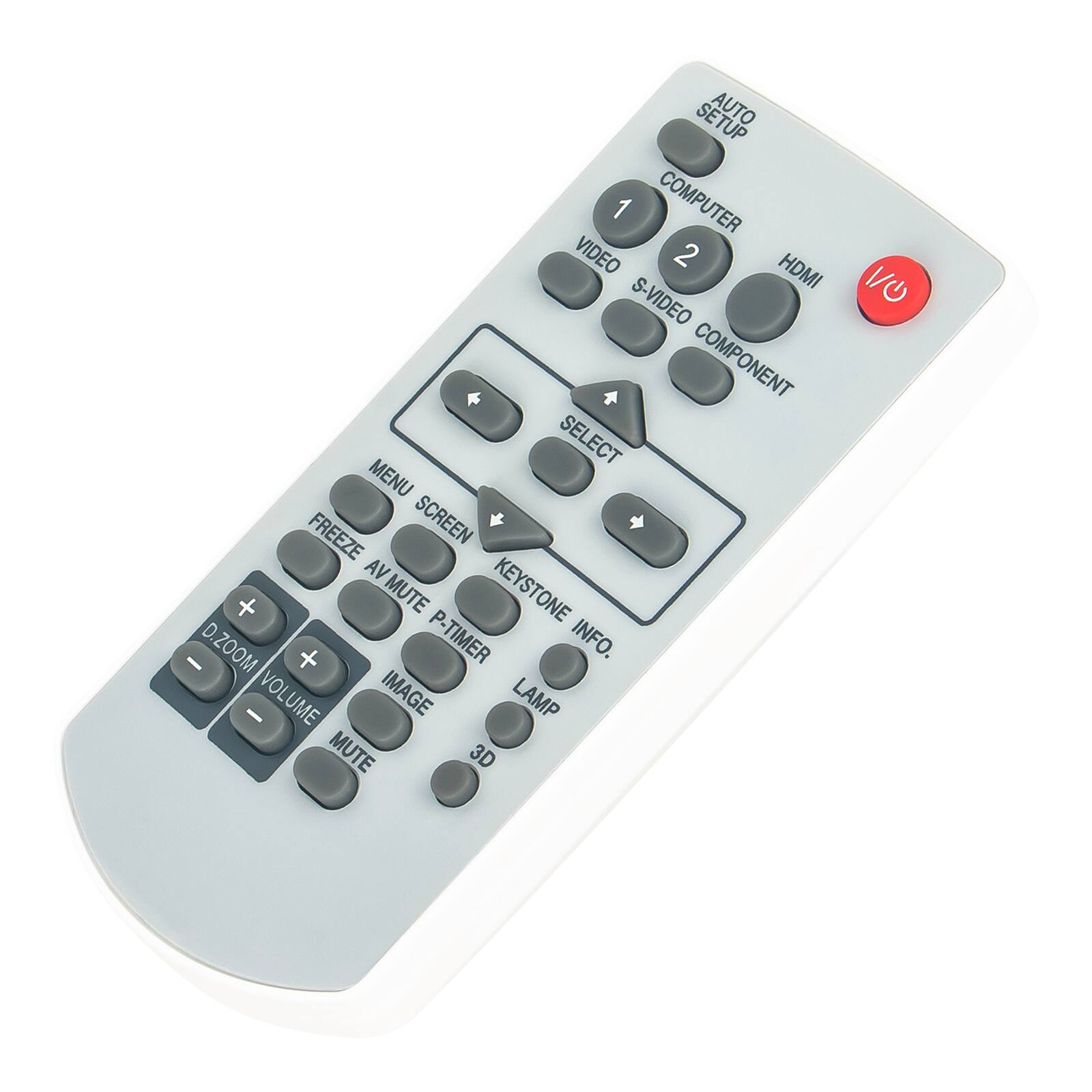 Sure, here is the corrected and grouped text from the image:

- AUTO SETUP
- 1 COMPUTER
- 2 VIDEO HDMI S-VIDEO COMPONENT
- SELECT
- MENU SCREEN
- FREEZE AV MUTE P-TIMER INFO.
- KEYSTONE
- D-ZOOM VOLUME
- IMAGE LAMP
- MUTE
- 3D