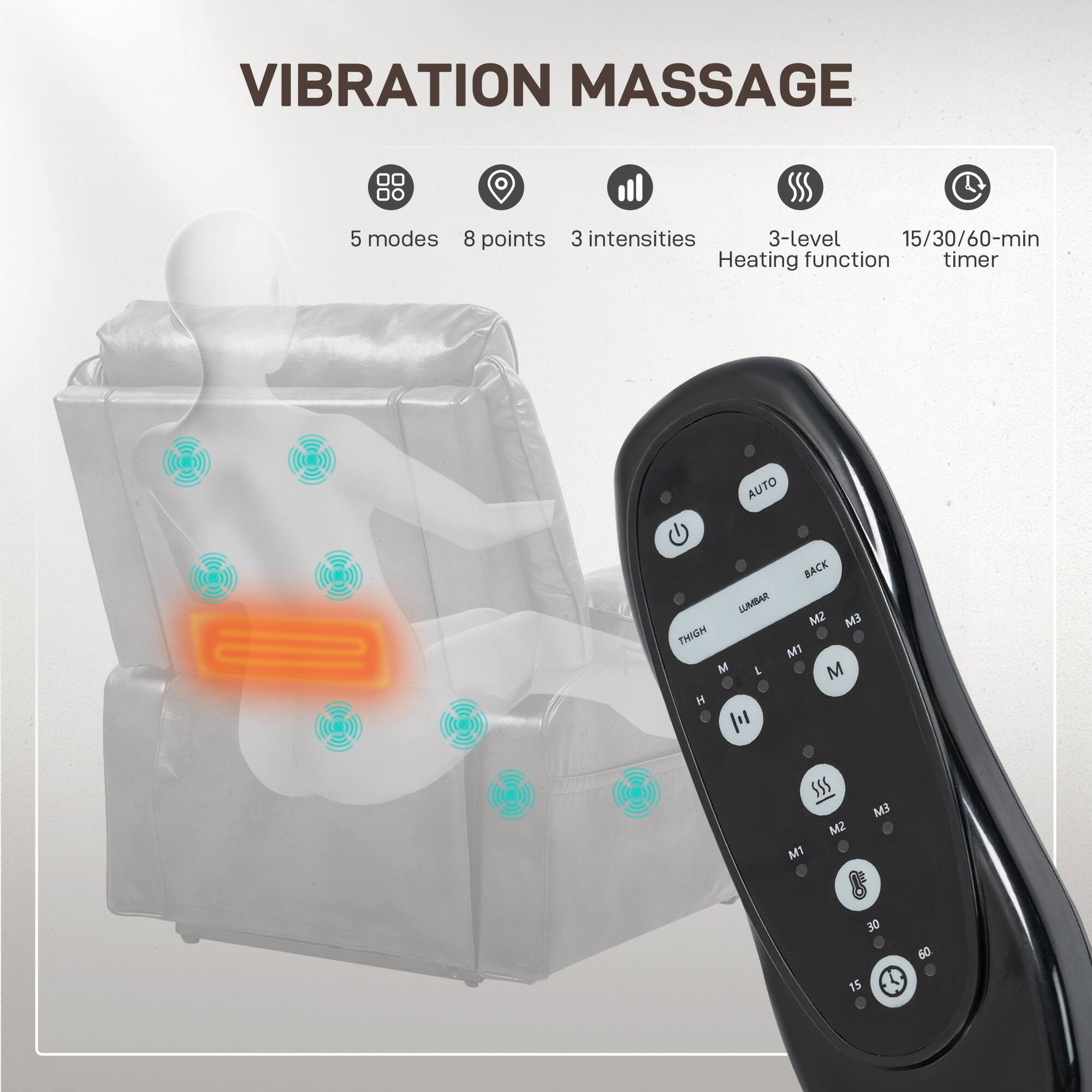 VIBRATION MASSAGE 5 modes 8 points 3 intensities 3-level Heating function timer AUTO BACK LUMBAR M2 M3 THIGH MI M I M H | M1 M2 EM 30 15 60