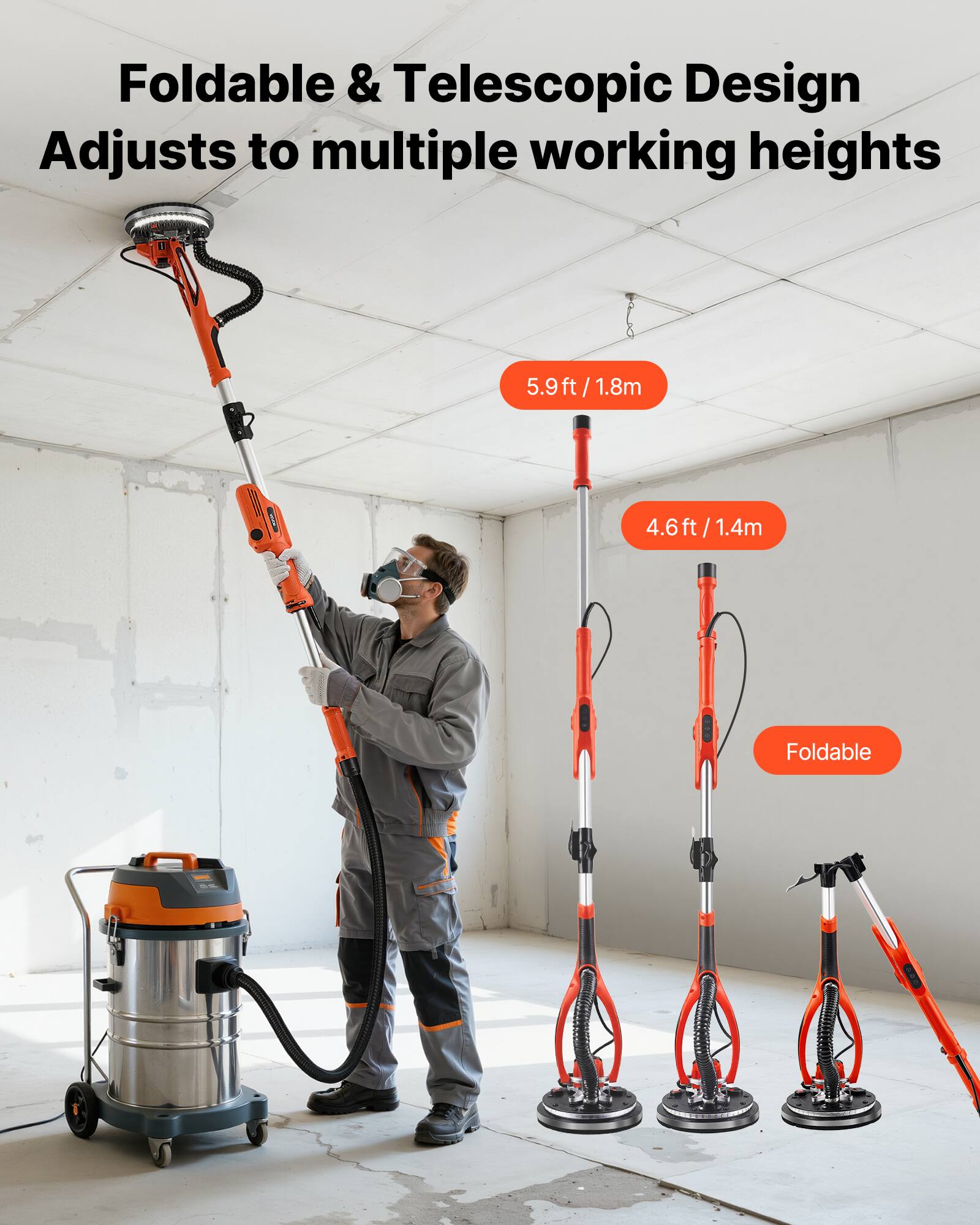Foldable & Telescopic Design Adjusts to multiple working heights

5.9ft/1.8m

4.6ft/1.4m

Foldable
