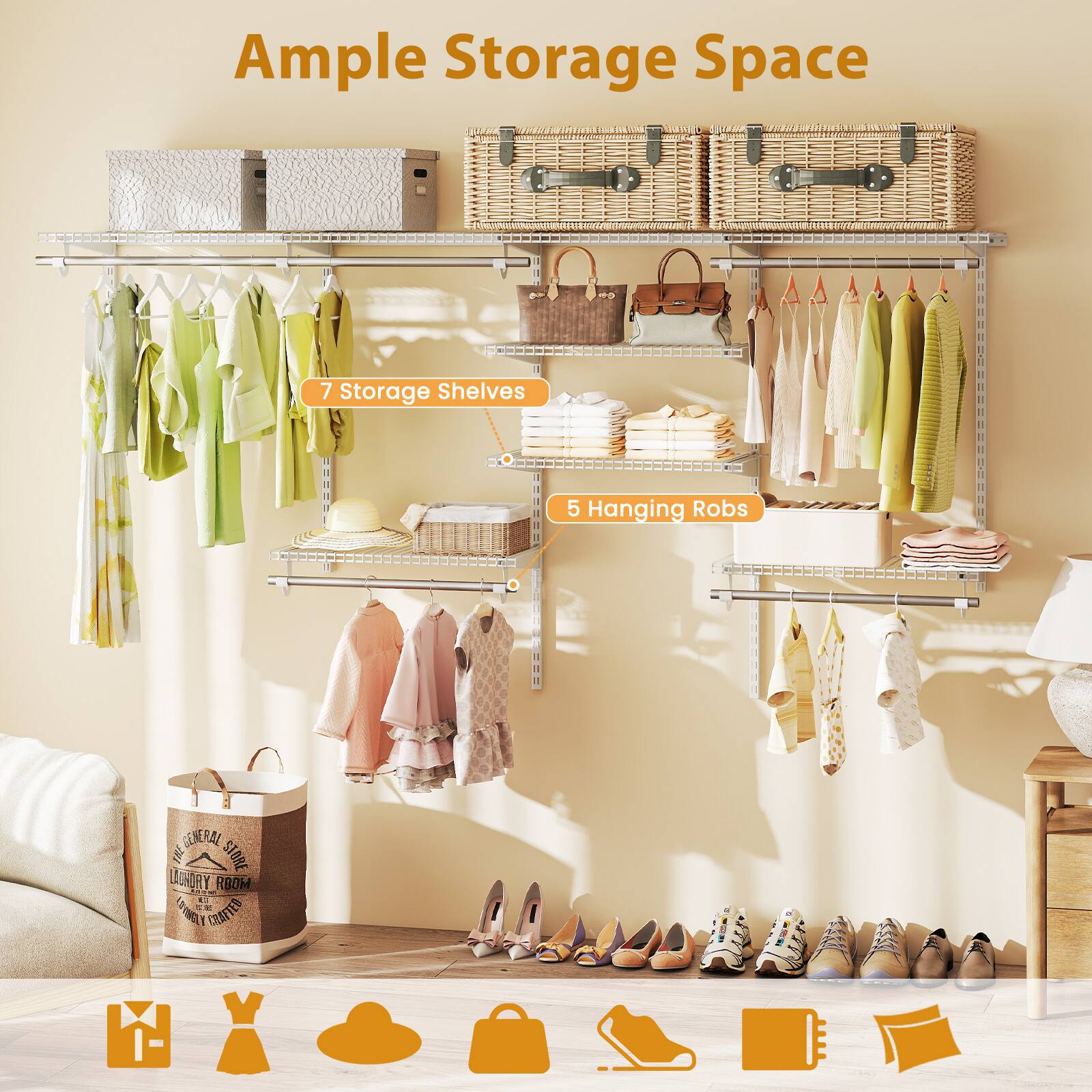Ample Storage Space  
7 Storage Shelves  
5 Hanging Racks  

GENERAL STORE  
LAUNDRY ROOM  
HANDCRAFTED