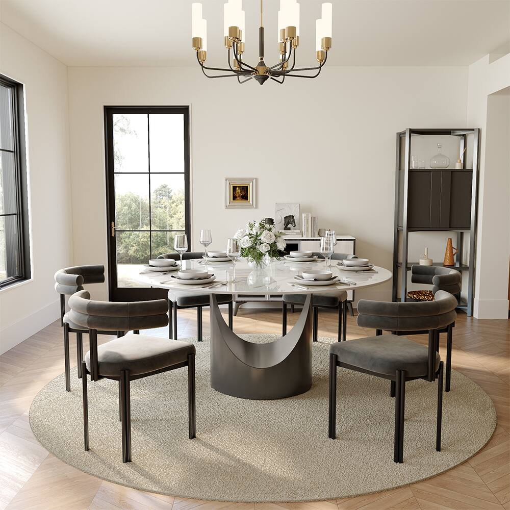 POVISON 59" Modern Round Dining Table for 6 White Glossy Sintered Stone ...