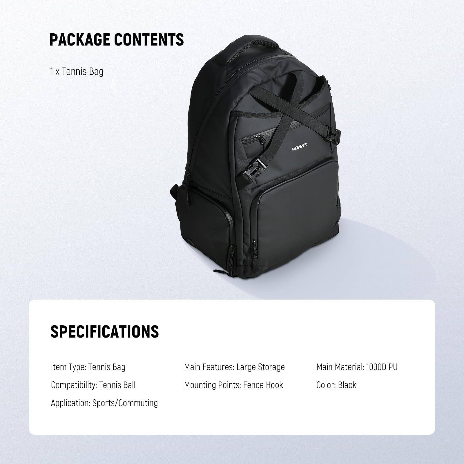 PACKAGE CONTENTS
1 x Tennis Bag

SPECIFICATIONS
Item Type: Tennis Bag
Compatibility: Tennis Ball
Application: Sports/Commuting
Main Features: Large Storage
Mounting Points: Fence Hook
Main Material: 1000D PU
Color: Black