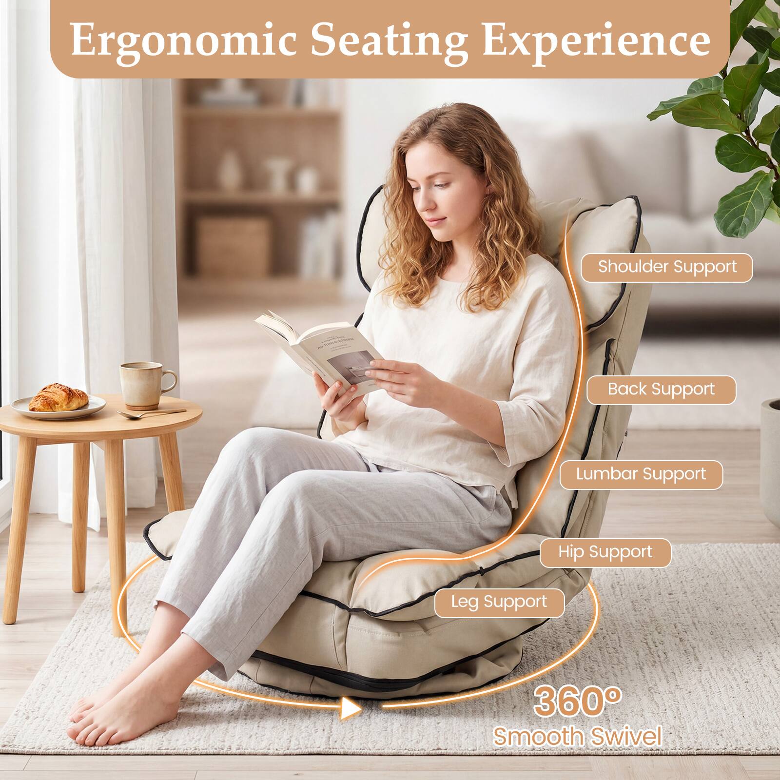Ergonomic Seating Experience

- Shoulder Support
- Back Support
- Lumbar Support
- Hip Support
- Leg Support
- 360° Smooth Swivel
