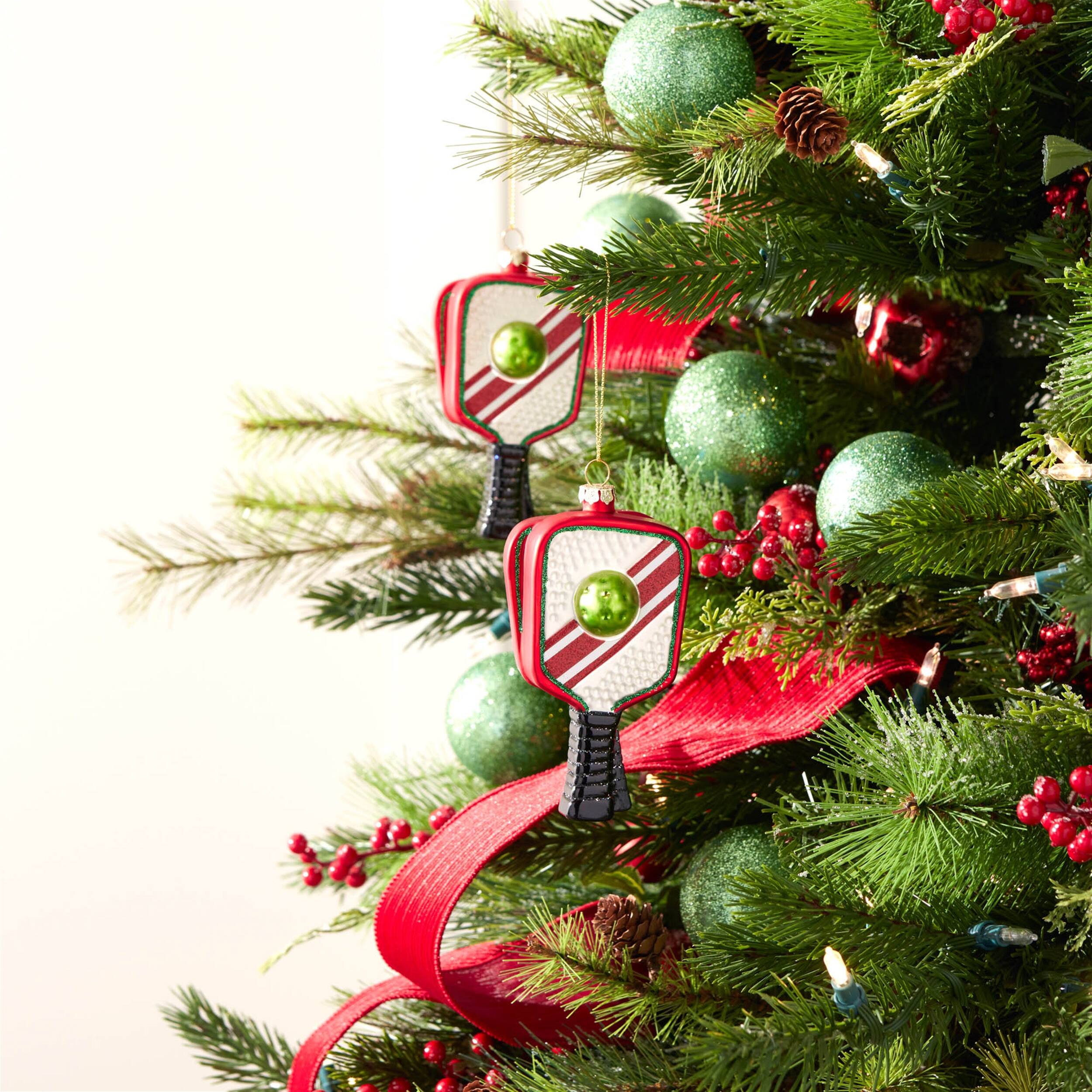 Angle. BreeBe - Glass Pickleball Racket Ornament (Set of 6) - Red, Black.