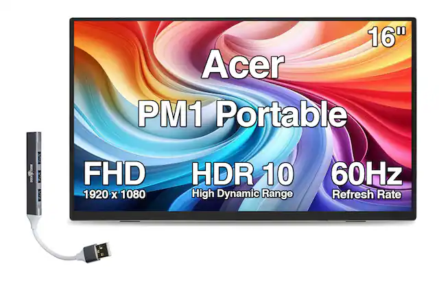 16" Acer PM1 Portable Monitor: FHD 1920 x 1080, HDR 10 High Dynamic Range, 60Hz Refresh Rate