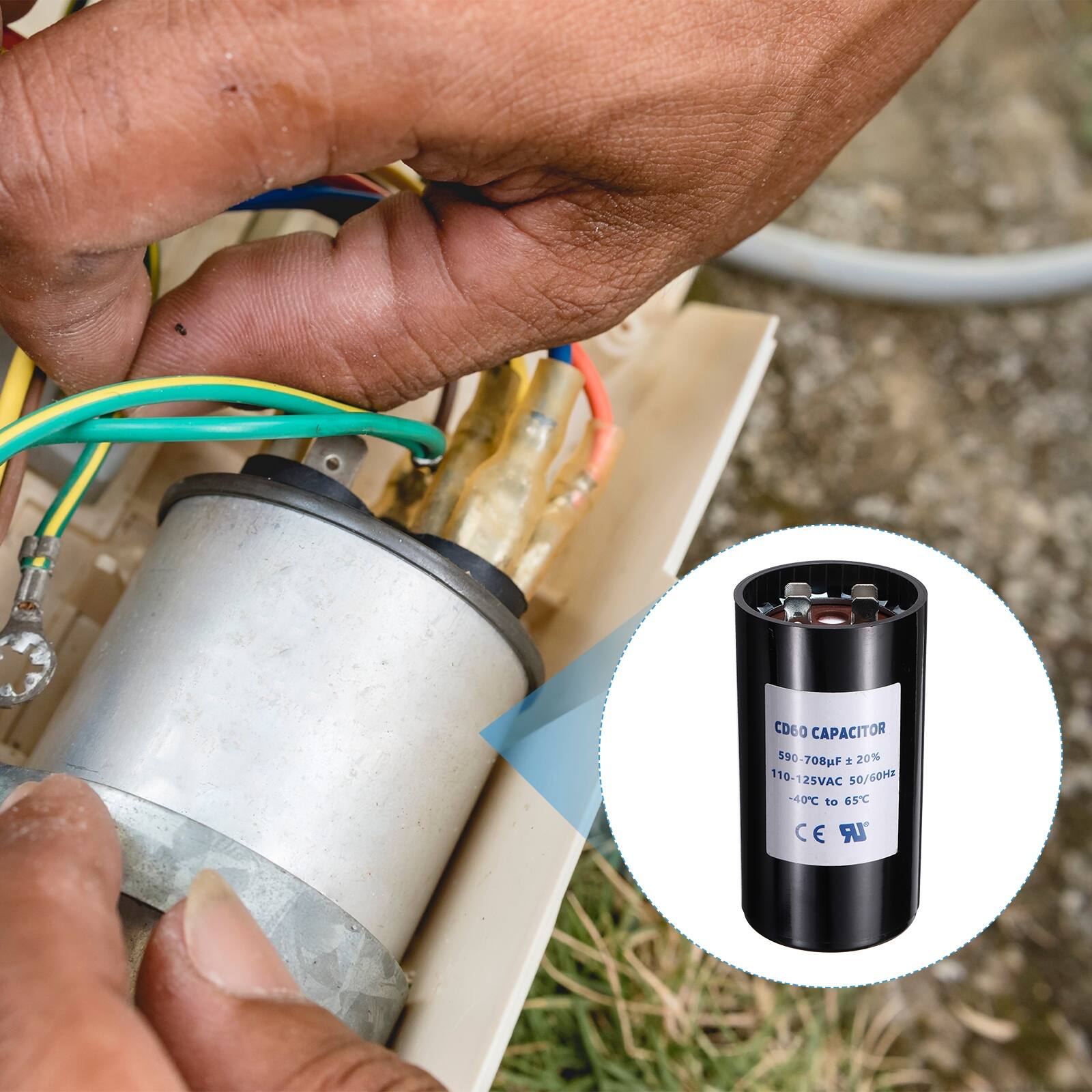 CD60 CAPACITOR  
590-708uF ± 20%  
110-125VAC 50/60Hz  
-40°C to 65°C  
CE