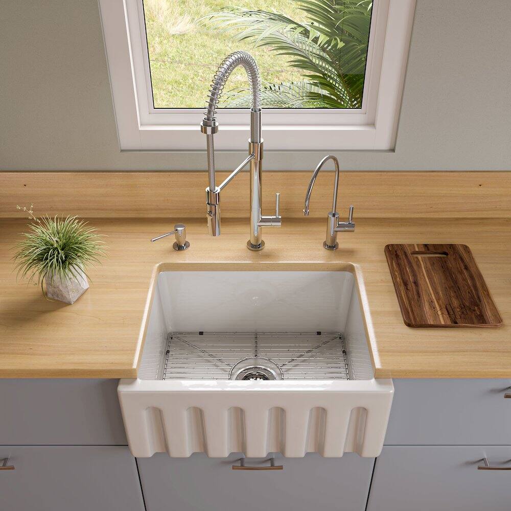 Alt View 6. Alfi - ALFI brand 24 inch White Reversible Smooth / Fluted Single Bowl Fireclay Farm Sink - White.