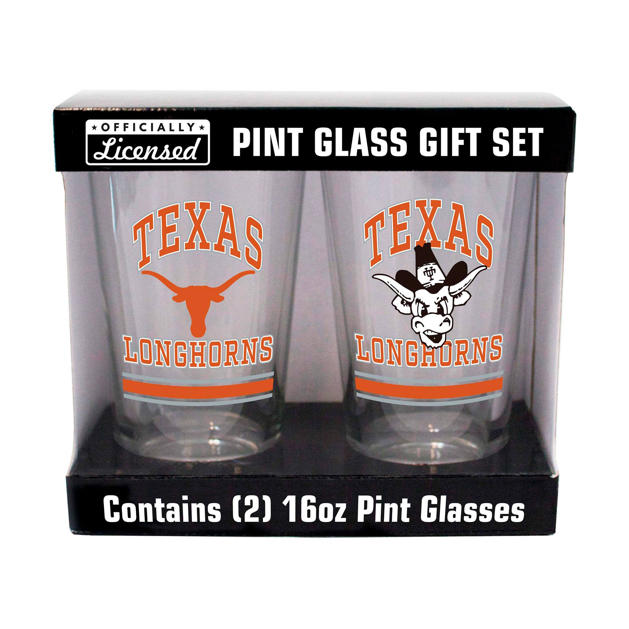 OFFICIALLY Licensed  
PINT GLASS GIFT SET  
TEXAS LONGHORNS  
Contains (2) 16oz Pint Glasses