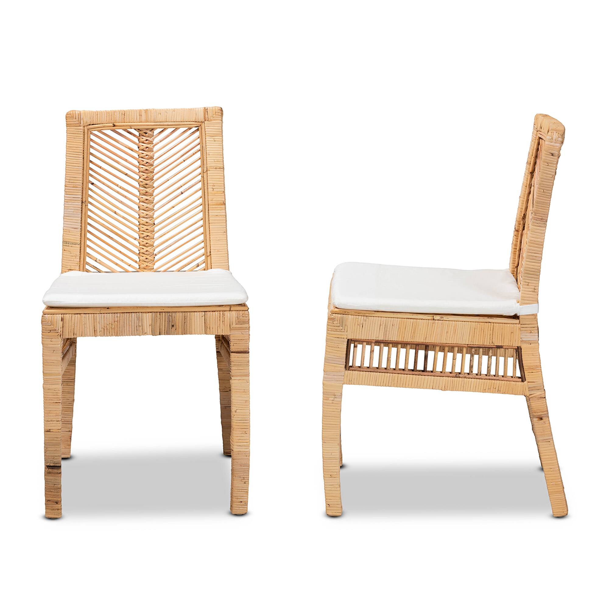 Left. bali & pari - Suci Modern Bohemian Rattan 2-Piece Dining Chair Set - White/Natural Brown.