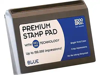 2000 PLUS
PREMIUM #030255 STAMP PAD
PREMIUM STAMP PAD
WITH GEL INK TECHNOLOGY
Up to 100,000 Impressions!
BLUE
Bright Vivid Color
Crisp Impressions
No Re-inking Required