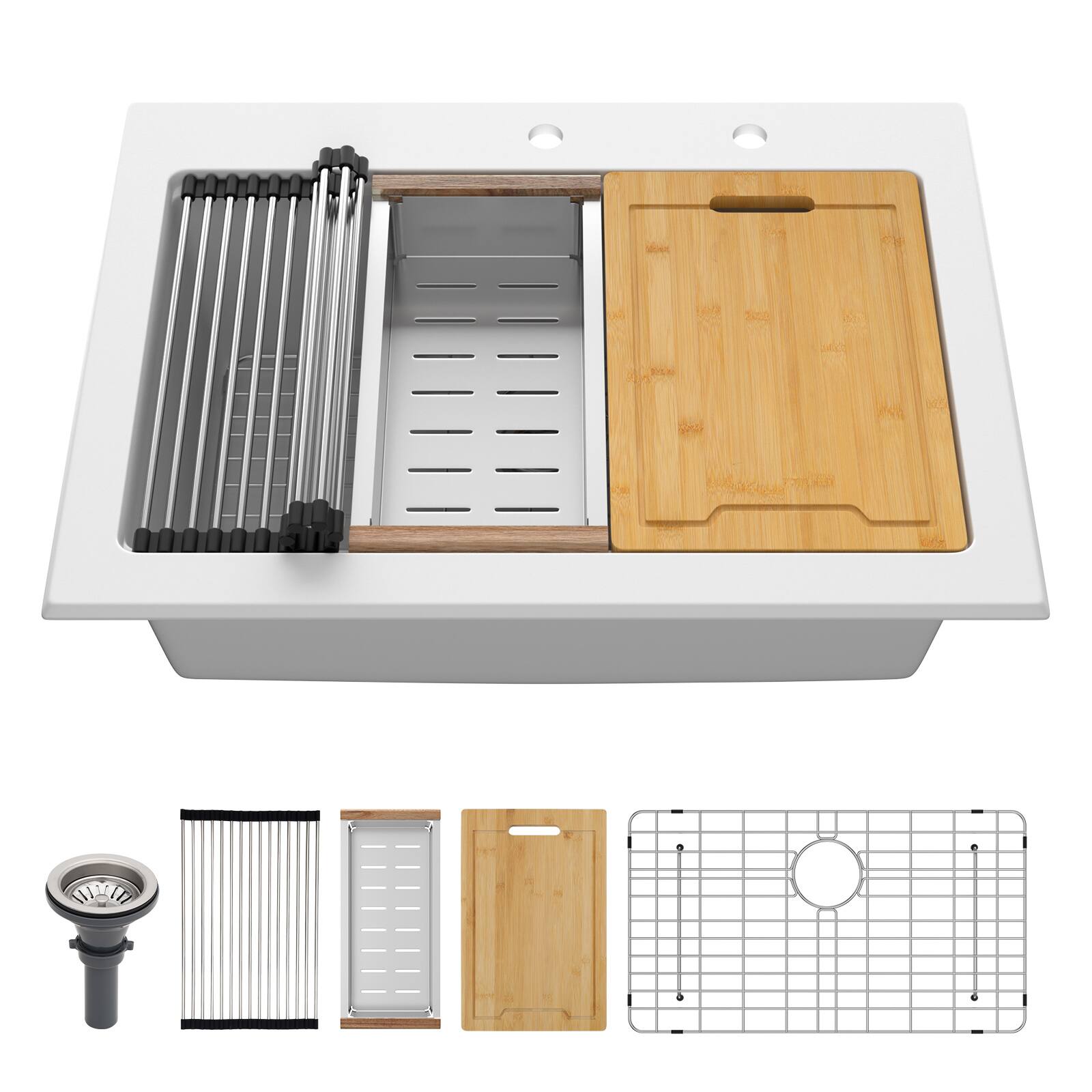 Front. Lordear - 30x22x10 Inch White Granite Composite Drop In Workstation kitchen Sink Single Bowl Quartz Kitchen Sink With Beveled Edge - White.