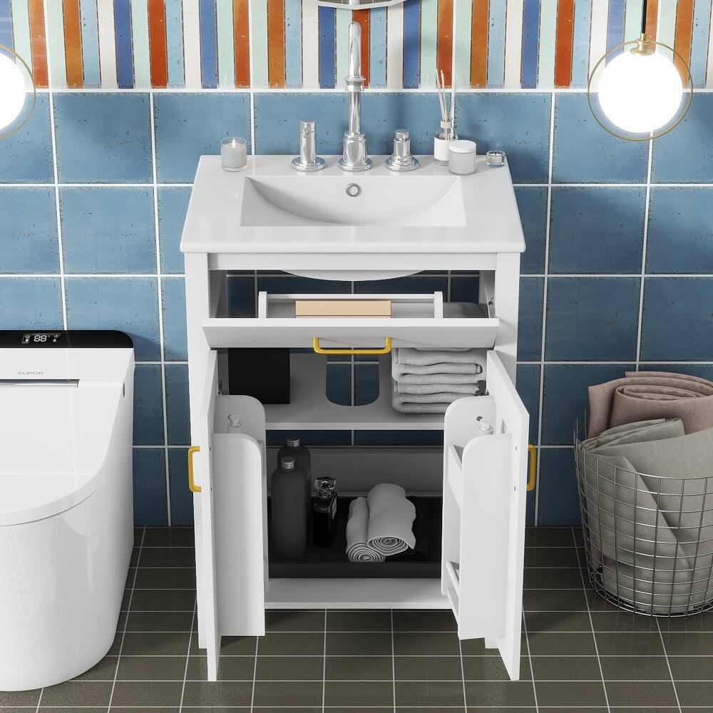 Back. Loheer - Loheer 24 inch bathroom vanity with sink White Freestanding Cabinet with Gold Hardware - White.