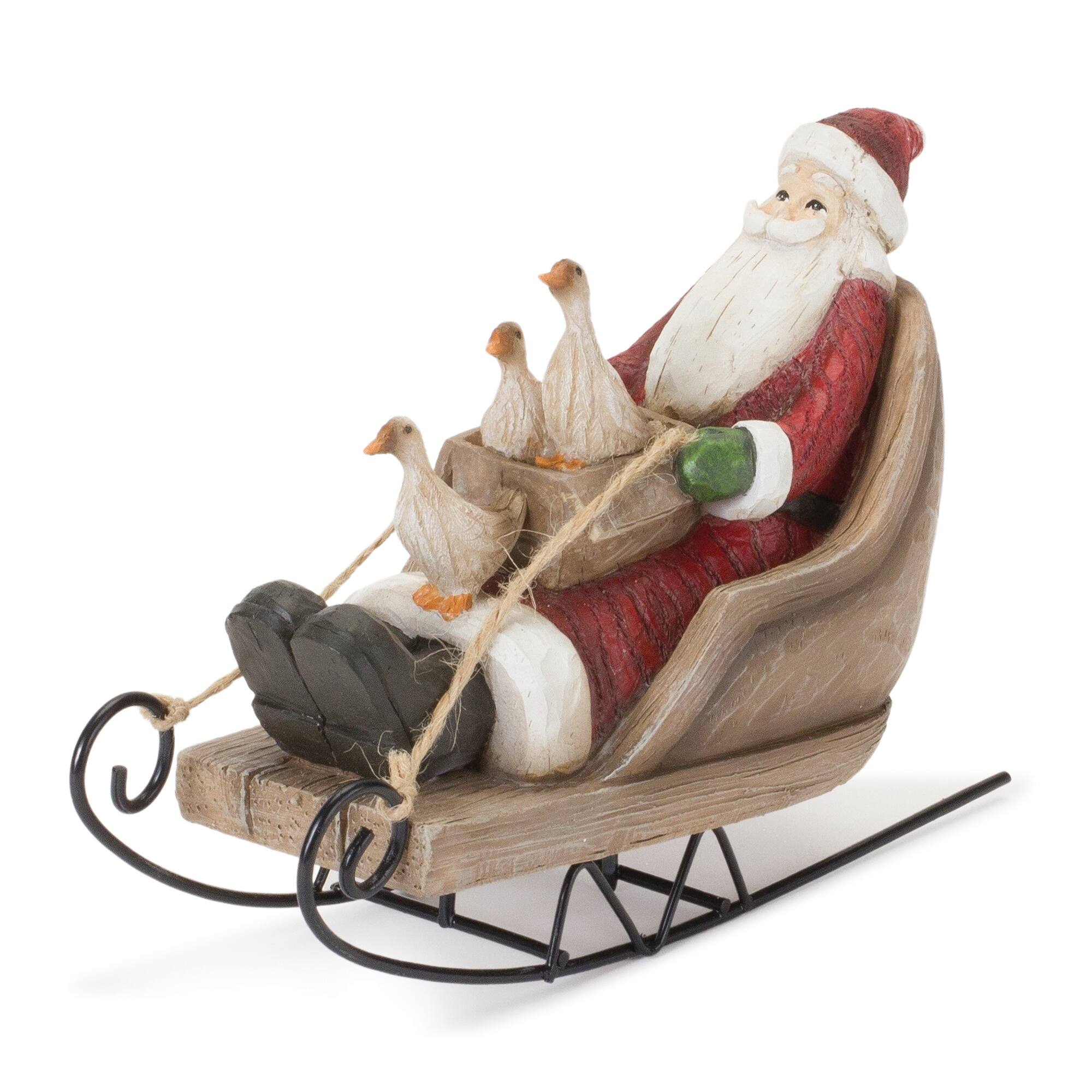 Angle. BreeBe - Farmhouse Santa on Sled Figurine (Set of 2) - Brown, Red.