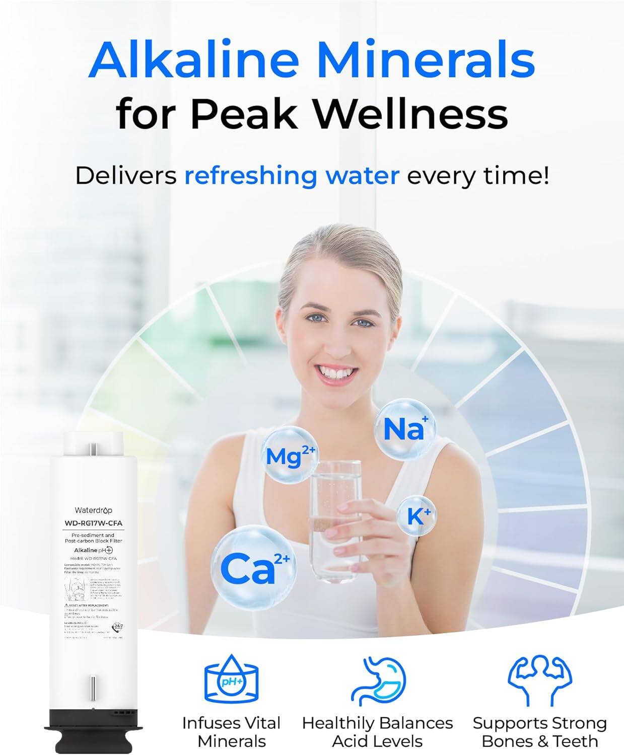 Alkaline Minerals for Peak Wellness  
Delivers refreshing water every time!  

Mg²⁺ Na Waterdrp WD-RG17W-CFA  
pH+ Infuses Vital Minerals  
Healthily Balances Acid Levels  
Supports Strong Bones & Teeth