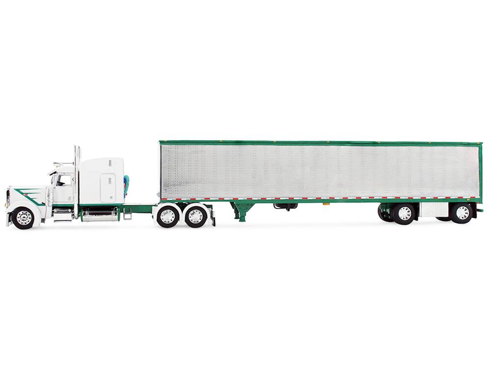 Alt View 4. First Gear - Peterbilt 389 with 63" Mid-Roof Sleeper and 53' Utility Trailer White with Green Stripes 1/64 Model by DCP/First Gear.